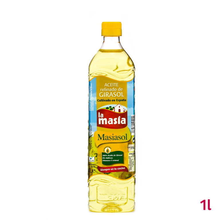 Botella de aceite refinado de girasol Masiasol 1 litro Botella de aceite refinado de girasol Masiasol 1 litro
