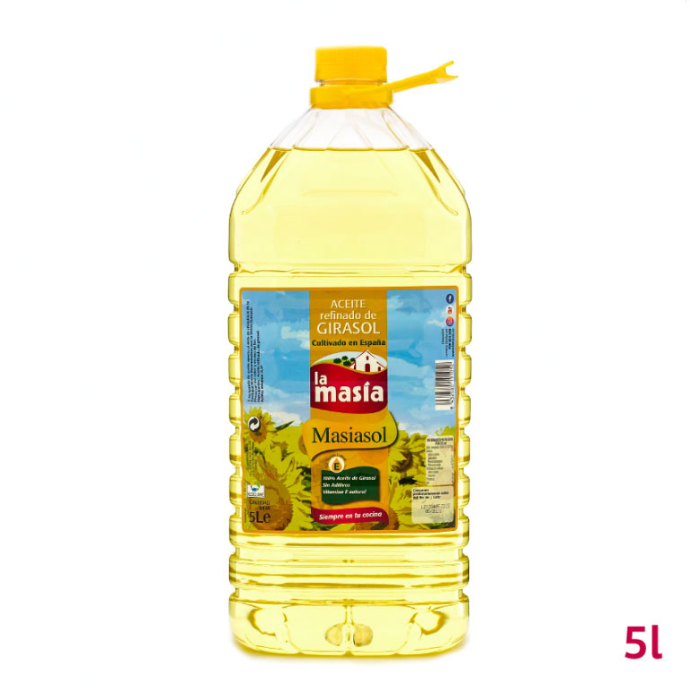 Botella de aceite refinado de girasol Masiasol 5 litros Botella de aceite refinado de girasol Masiasol 5 litros