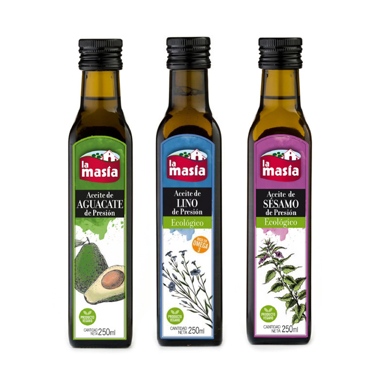 Botella de aceite de aguacate, lino y sésamo