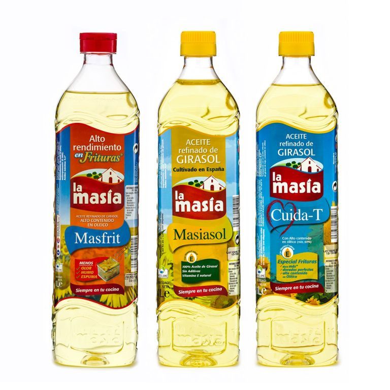Botella de aceite de girasol Masfrit, Masiasol y Cuida-T